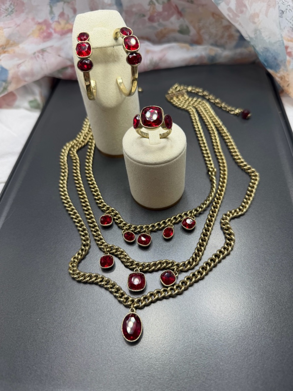 Vintage Heidi Daus  Red Glass Stone Necklace, Ring & Hoop Earring Set